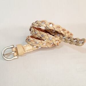 Linea Pelle India Genuine Leather Braided Skinny Belt XL Beige And Silver